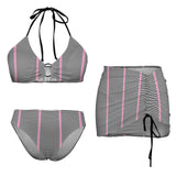 pink black white striped print 2C Drawstring Halterneck Three-Piece Swimsuit Skirt