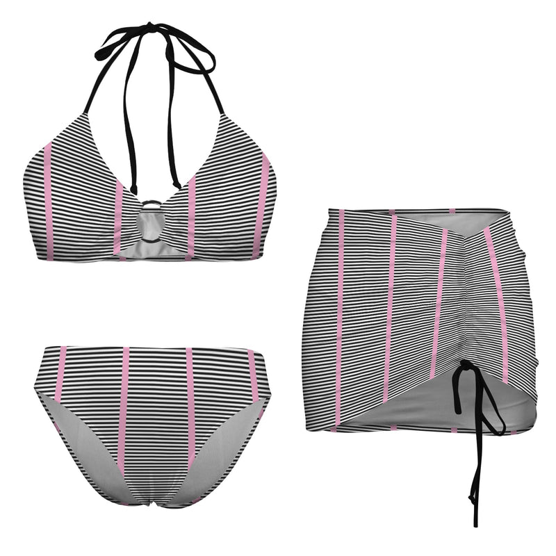 pink black white striped print 2C Drawstring Halterneck Three-Piece Swimsuit Skirt
