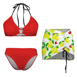 lem cher print swimsuit Drawstring Halterneck Three-Piece Swimsuit Skirt