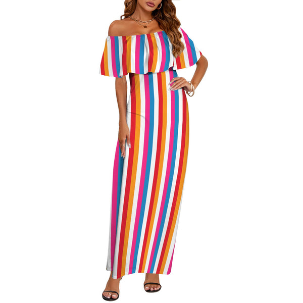 barcode color block striped print 3 Women's Off Shoulder Ruffle Boat Neck Dress (Model D71)