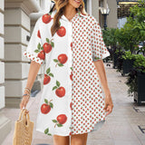 apples white print Short Sleeve Button Front Shirt Dress