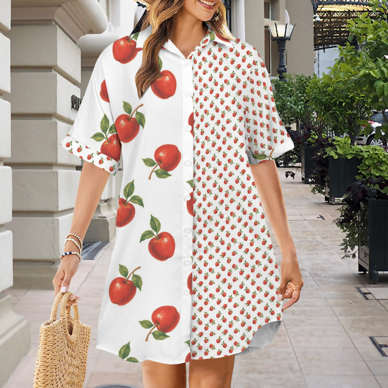 apples white print Short Sleeve Button Front Shirt Dress