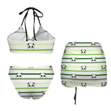panda bear striped print 2 Drawstring Halterneck Three-Piece Swimsuit Skirt