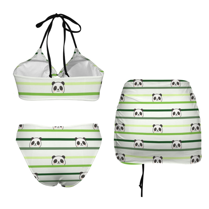 panda bear striped print 2 Drawstring Halterneck Three-Piece Swimsuit Skirt