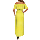 yellow matrix print Women's Off Shoulder Ruffle Boat Neck Dress (Model D71)