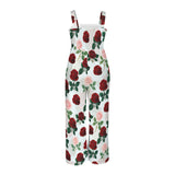 roses print pink red print Sleeveless Wide Leg Pocket Long Jumpsuit