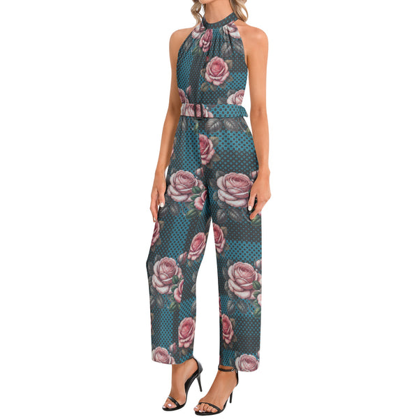 Halter Neck Buckle Belted Jumpsuit