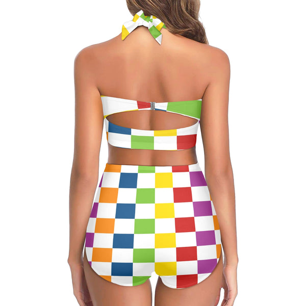 rect colored print 3A Women's Halter Neck Gather Chest Bikini Swimsuit (Model S53)