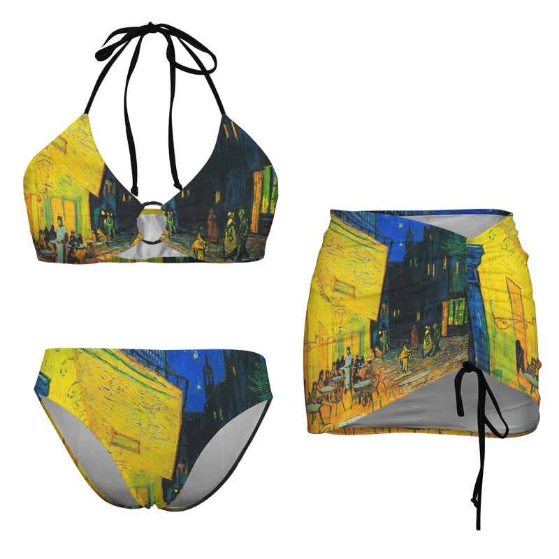 vincent print cafe terrace van gogh copy Drawstring Halterneck Three-Piece Swimsuit Skirt