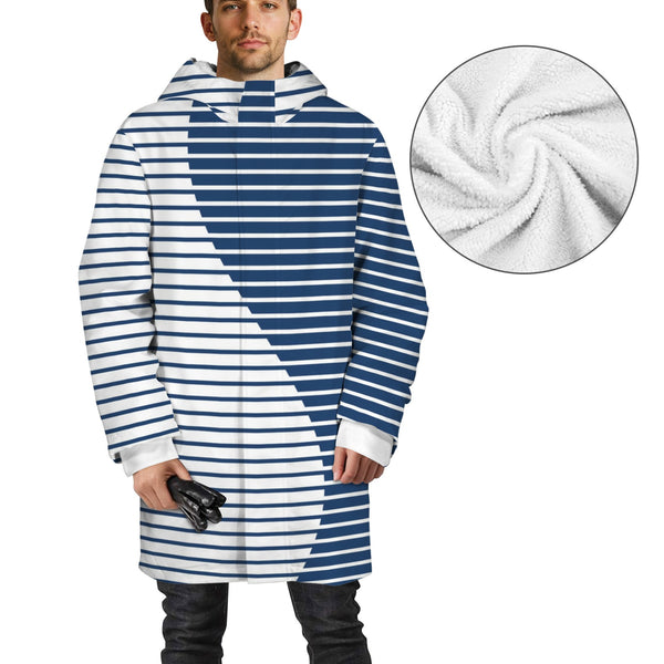 wave striped blue white print2 Men's Mid-Length Hooded Coat (Model H69)