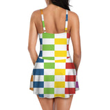 rect colored print 3A Women's One Piece Skirted Swimsuit (Model S54)
