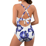 delft iris print 10B Women's Twist Front Tie Back Swimsuit (Model S57)