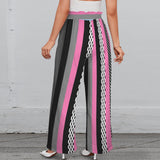 pink polka dot striped print Strappy Elastic Waist Wide Leg Pants with Pockets
