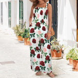 roses print pink red print Sleeveless Wide Leg Pocket Long Jumpsuit