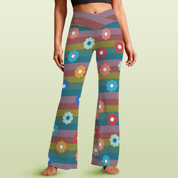 striped print 2B High Waist Crossover Tummy Control Flare Leggings