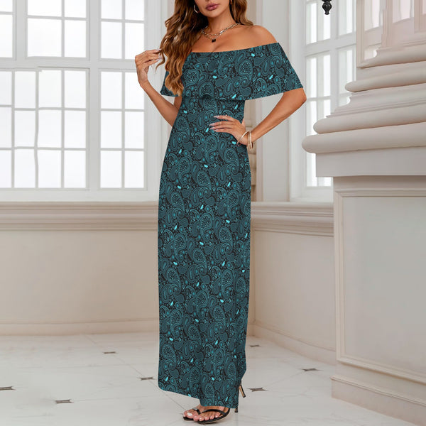 Paisley Off Shoulder Ruffle Boat Neck Dress