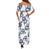 white iris print Women's Off Shoulder Ruffle Boat Neck Dress (Model D71)