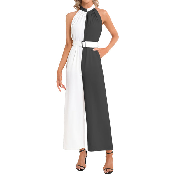 Black and White Halter Neck Buckle Belted Jumpsuit