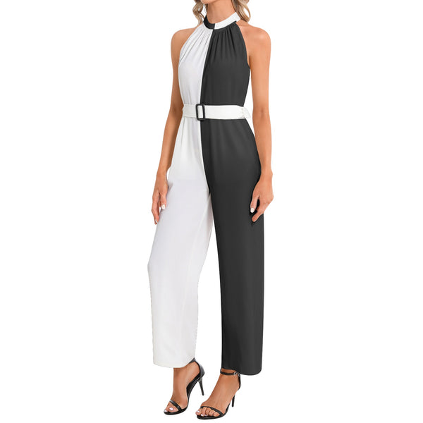 Black and White Halter Neck Buckle Belted Jumpsuit