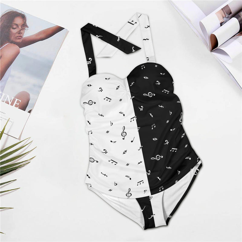 bw notes print 2 Women's Halter Neck Gather Chest Swimsuit (Model S52)