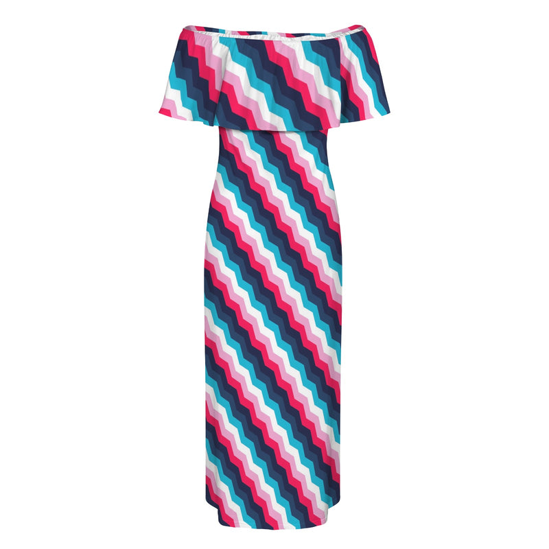 biased herr color print Women's Off Shoulder Ruffle Boat Neck Dress (Model D71)