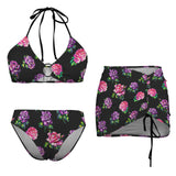color block floral print 2A Drawstring Halterneck Three-Piece Swimsuit Skirt