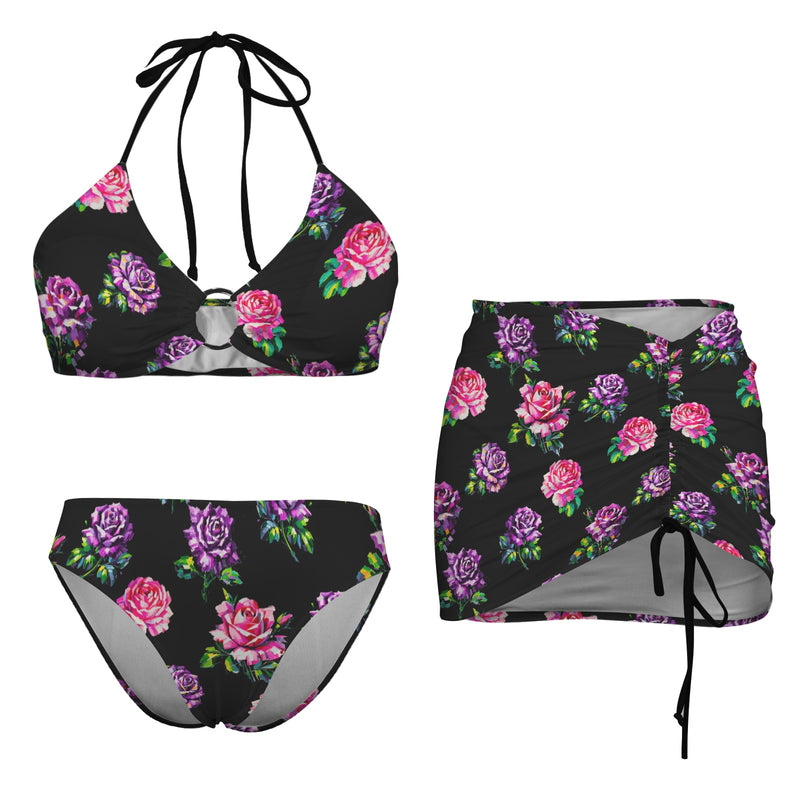 color block floral print 2A Drawstring Halterneck Three-Piece Swimsuit Skirt