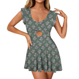 minimalism tea rose print 2A Women's Ruffle Sleeve Skirted Swimsuit (Model S59)