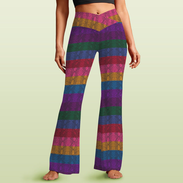 Multicolored Snakeskin High Waist Crossover Tummy Control Flare Leggings