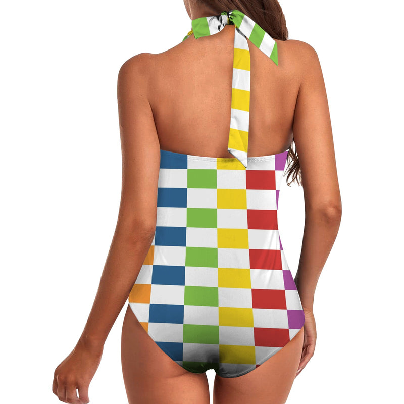 rect colored print 3A Women's Ruched Push Up Halter Swimsuit (Model S58)