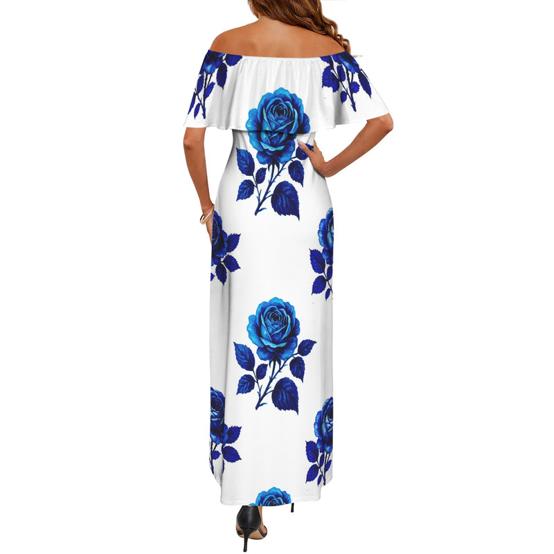old rose off shoulder dress old fash rose print 2 Women's Off Shoulder Ruffle Boat Neck Dress (Model D71) L