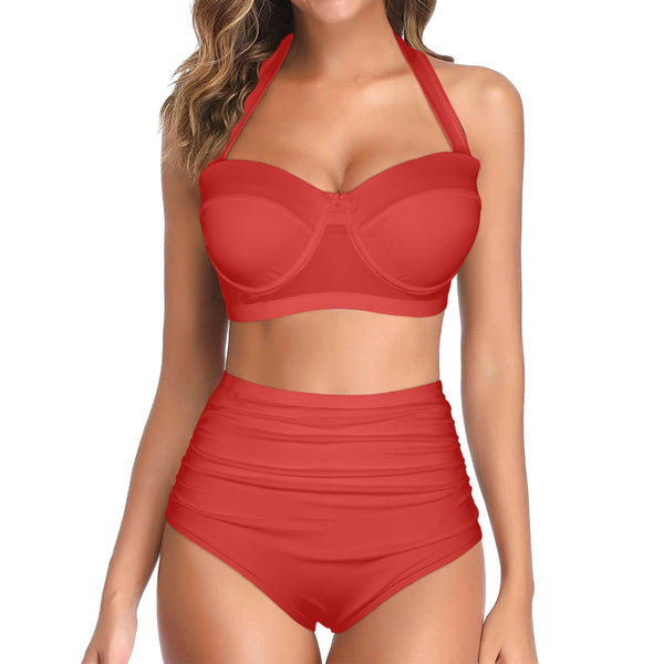 crimson2 Women's Halter Neck Gather Chest Bikini Swimsuit (Model S53)