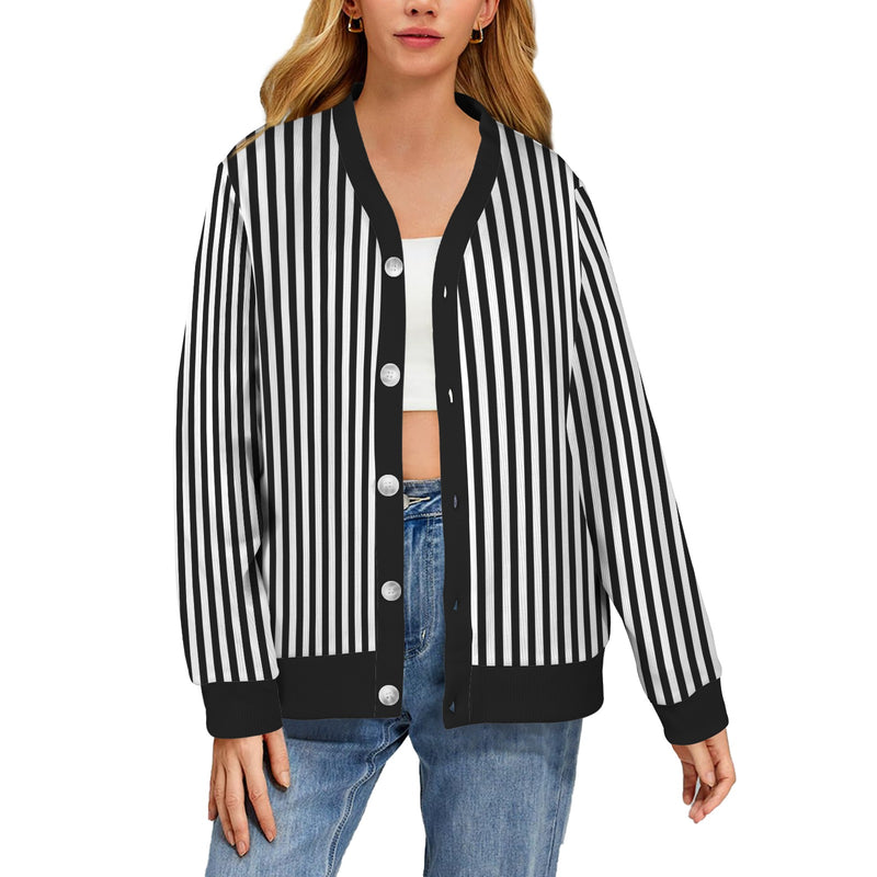 striped bw Women's Ribbed Cardigan (Model H73)