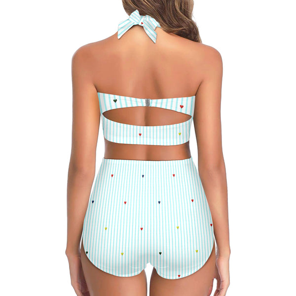 heart on stripes print light blue Women's Halter Neck Gather Chest Bikini Swimsuit (Model S53)