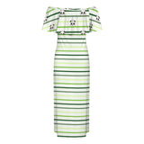 green panda print 3C Women's Off Shoulder Ruffle Boat Neck Dress (Model D71)