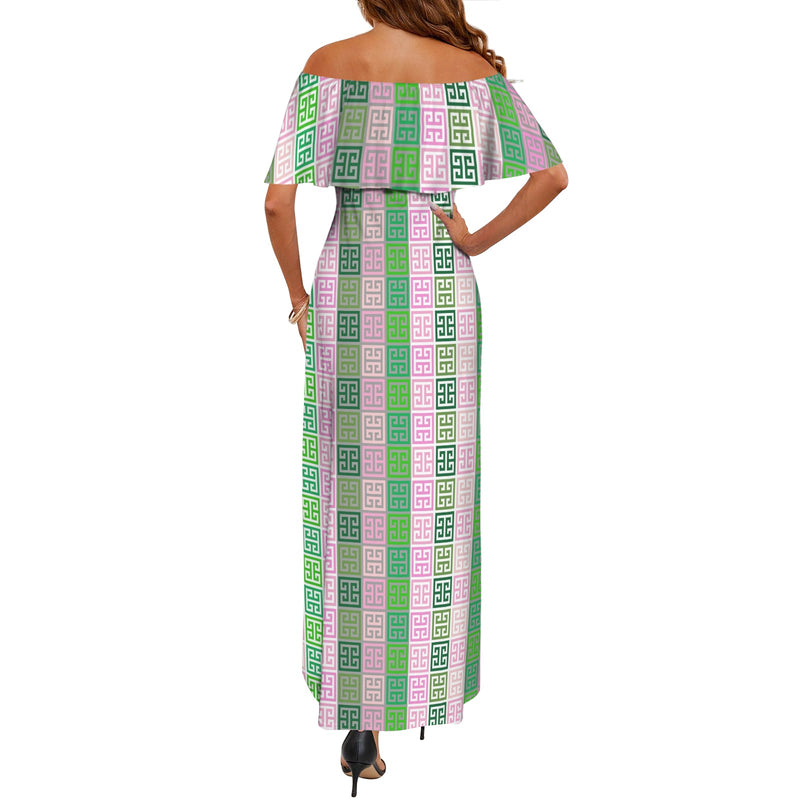 ALL GREEK PRINT Women's Off Shoulder Ruffle Boat Neck Dress (Model D71)