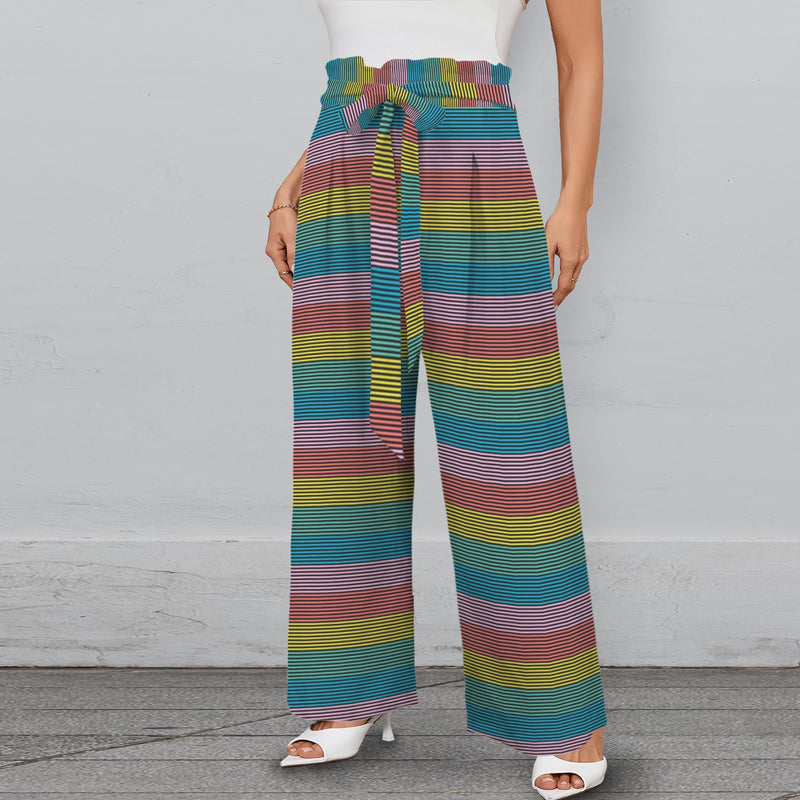 striped print 2B Strappy Elastic Waist Wide Leg Pants with Pockets