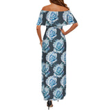 light blue print 10AB Women's Off Shoulder Ruffle Boat Neck Dress (Model D71)