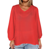 bright red Women's Loose V-Neck Long Puff Sleeve Top (Model H70)