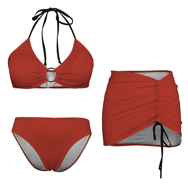 paw red print Drawstring Halterneck Three-Piece Swimsuit Skirt