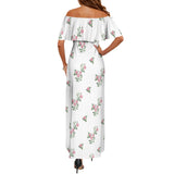pink rose polka dot print 5 Women's Off Shoulder Ruffle Boat Neck Dress (Model D71)