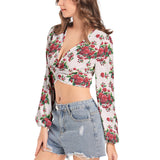 Women's Deep V-Neck Lantern Sleeve Crop Top