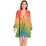 Lantern Sleeve Deep V-Neck Short Dress