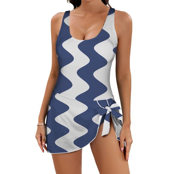 delft blue print 4A Women's One Piece Skirted Swimsuit (Model S54)