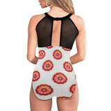 grapefruit wheel print Women's High Neck Plunge Mesh Ruched Swimsuit (S43)