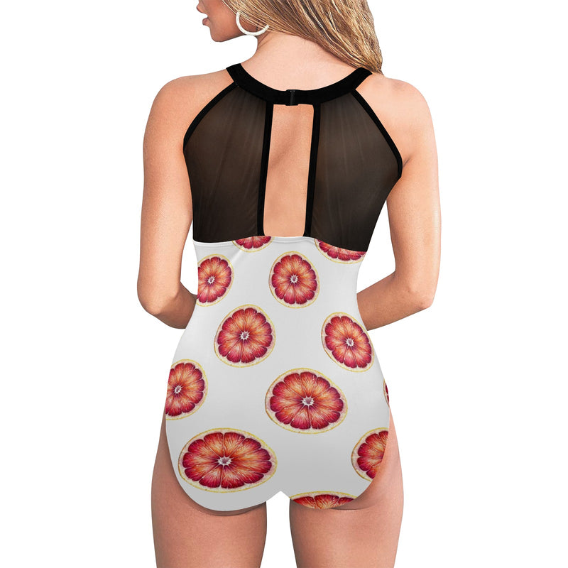 grapefruit wheel print Women's High Neck Plunge Mesh Ruched Swimsuit (S43)