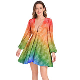Lantern Sleeve Deep V-Neck Short Dress