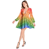 Lantern Sleeve Deep V-Neck Short Dress