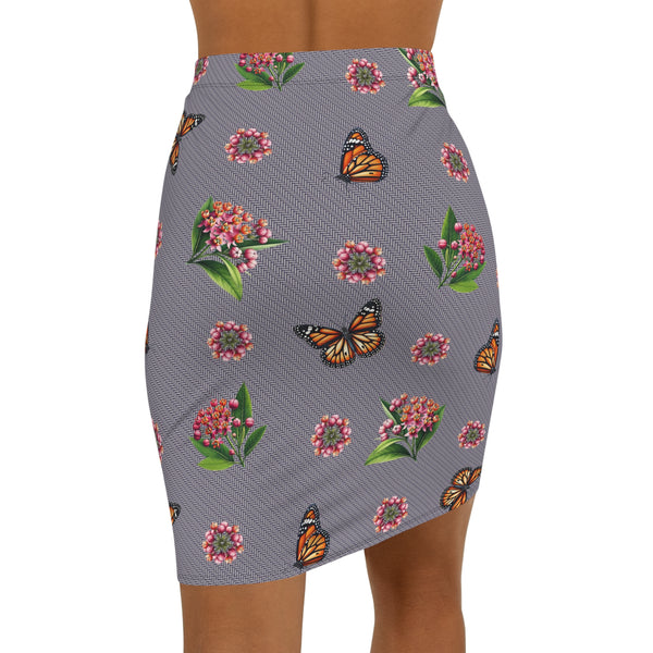 Herringbone Monarch Milkweed Medley Women's Mid-Waist Pencil Skirt (AOP)