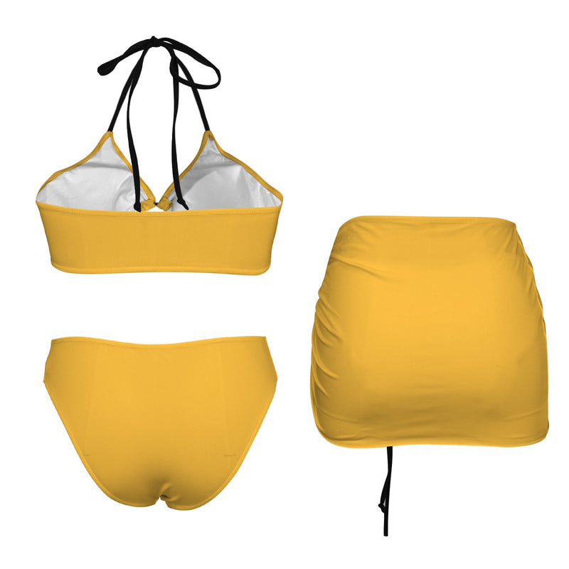 deeper gold solid print 2 Drawstring Halterneck Three-Piece Swimsuit Skirt